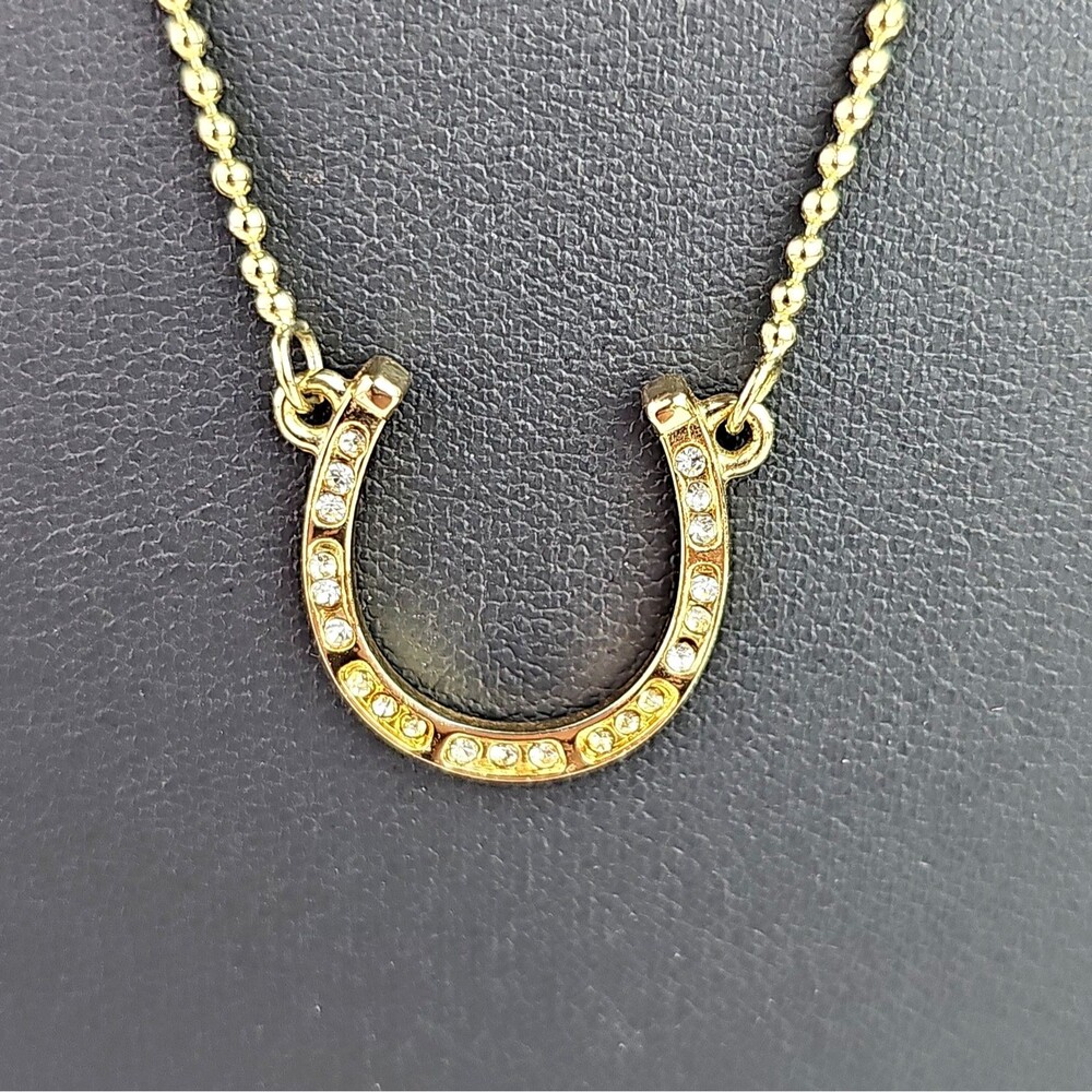 Marc Jacobs Gold Tone Crystal Horseshoe Pendant Necklace Lucky Equestrian 18 in - Picture 6 of 7